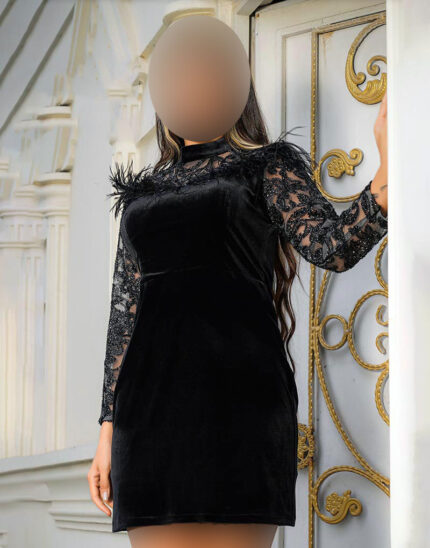 پیراهن مجلسی کوتاه مخمل پر دار