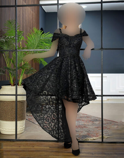 پیراهن مجلسی جلو کوتاه و پشت بلند چمنی رنگ مشکی