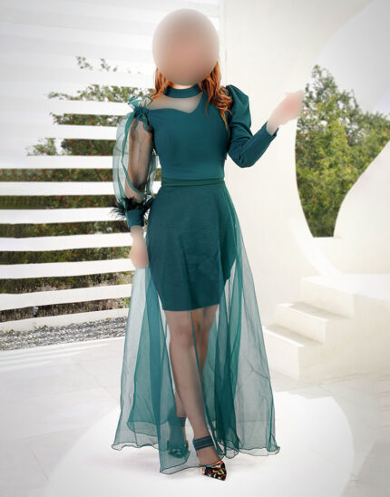 نیم تنه مجلسی آستین پر مدل نیلوفر رنگ سبز