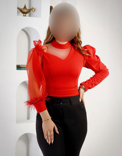 نیم تنه مجلسی آستین پر مدل نیلوفر رنگ قرمز