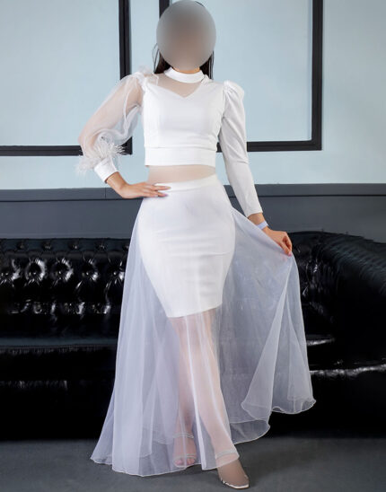 نیم تنه مجلسی آستین پر مدل نیلوفر رنگ سفید